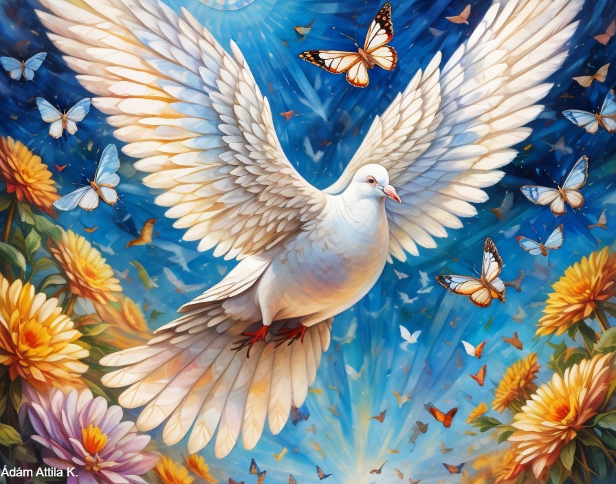 Majestic white dove amidst colorful flowers and butterflies