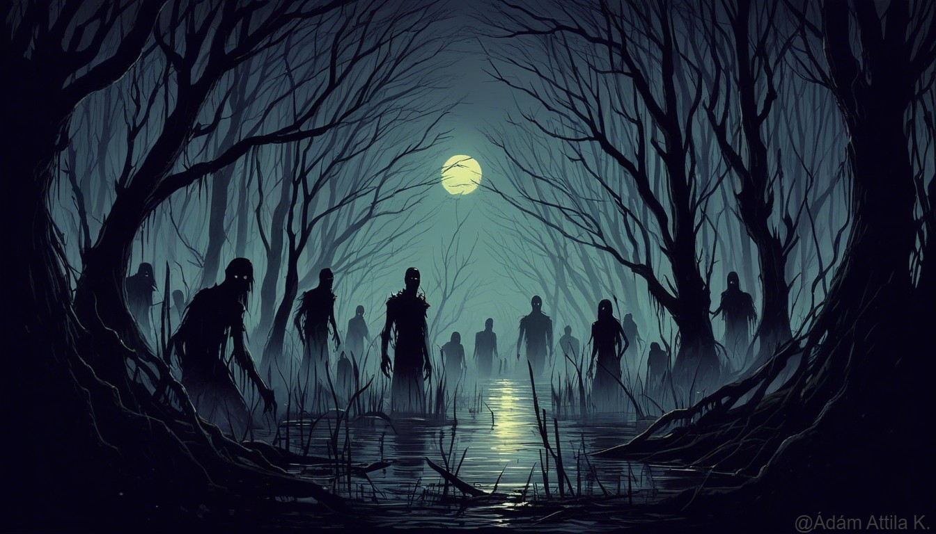 Eerie Forest with Undead Creatures and Pale Moon