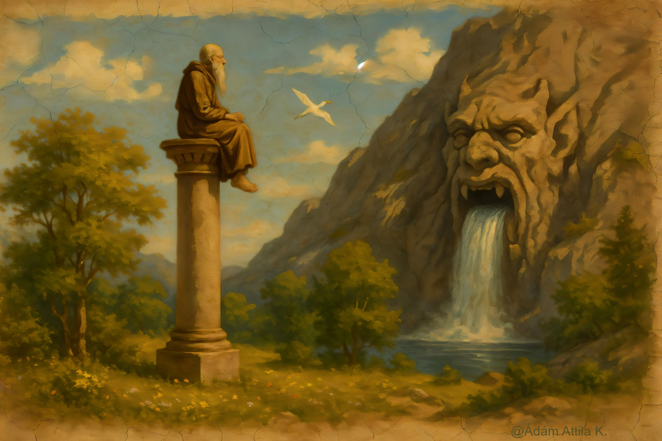 Elderly Figure Meditates by Mountain Waterfall Scene