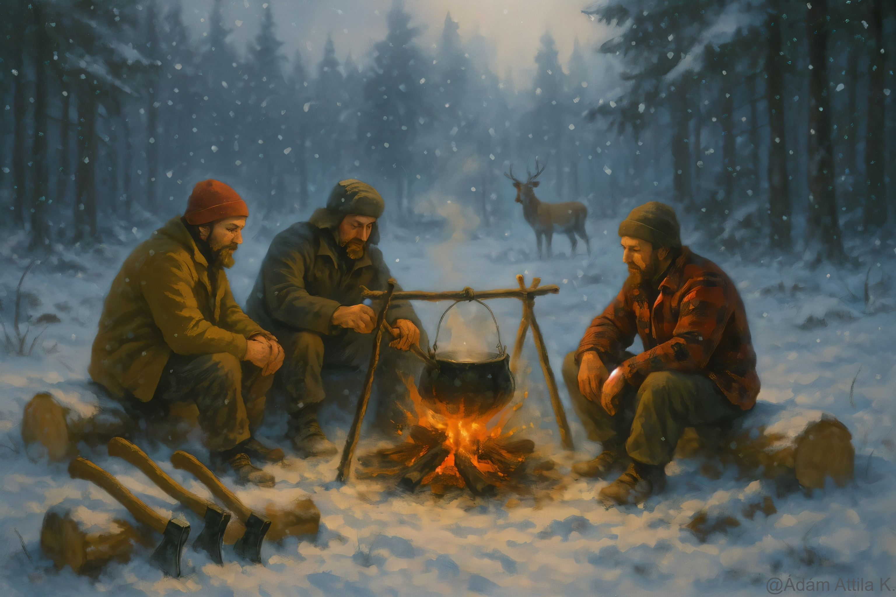 Men and Deer by Bonfire with Moonlit Snowfall