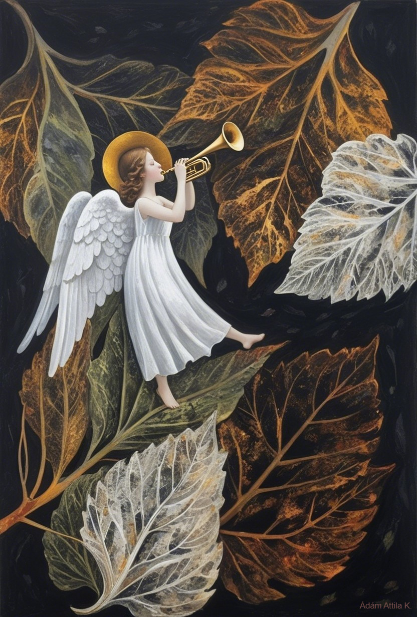Serene Angel with Trumpet Amidst Autumn Leaves