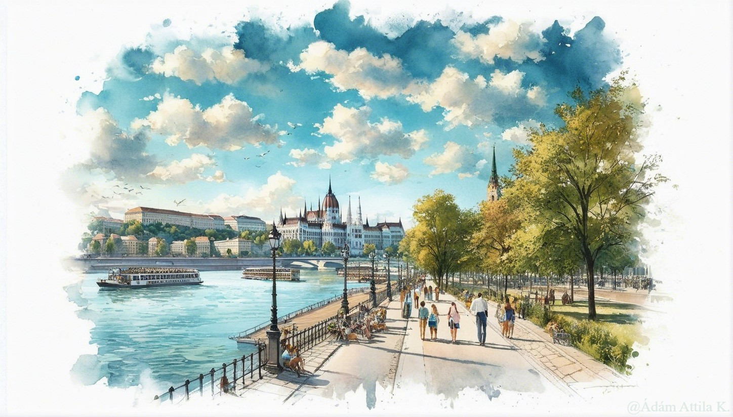Watercolor Scene of Budapest's Riverside Walkway