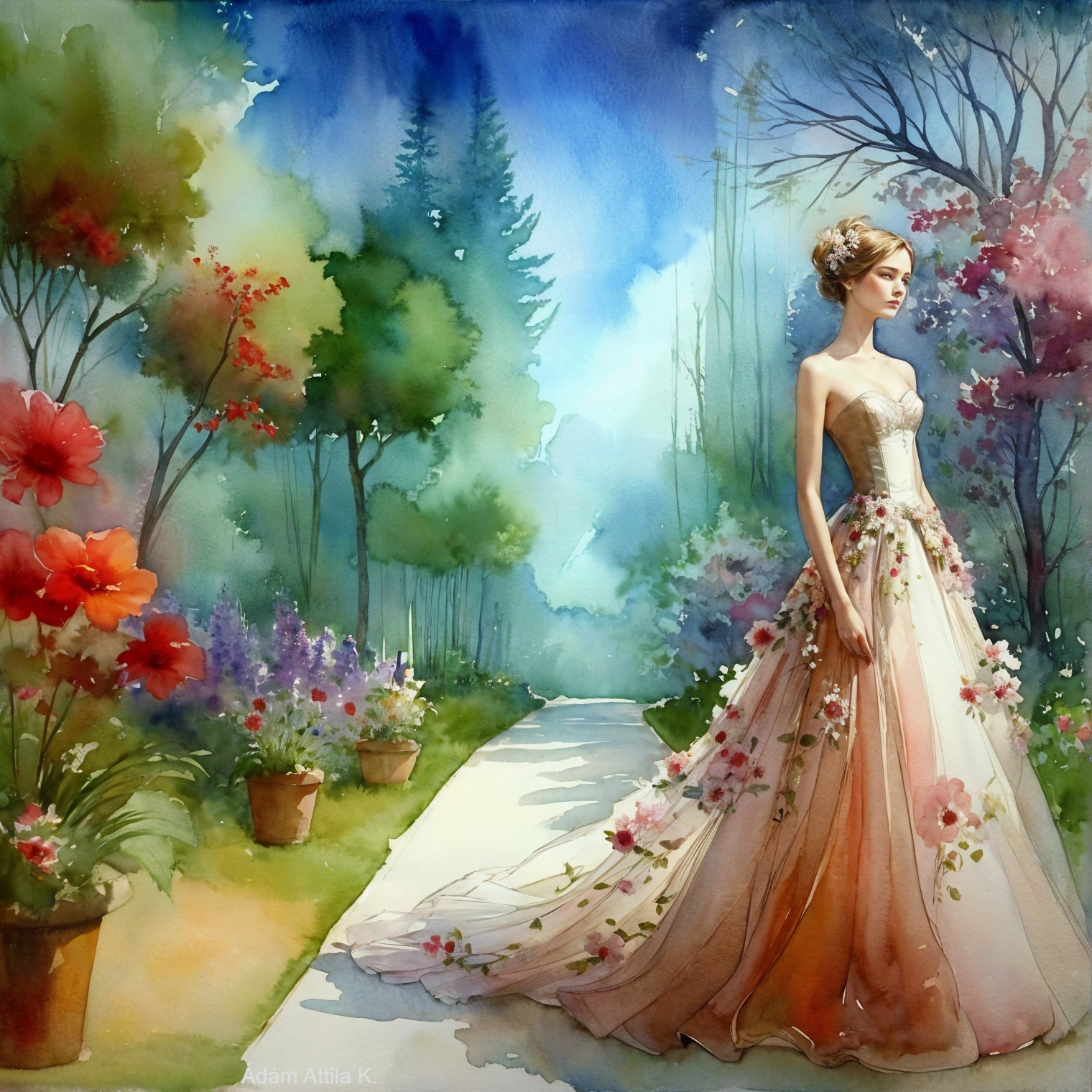 Woman in Floral Gown Walking in Scenic Garden Path