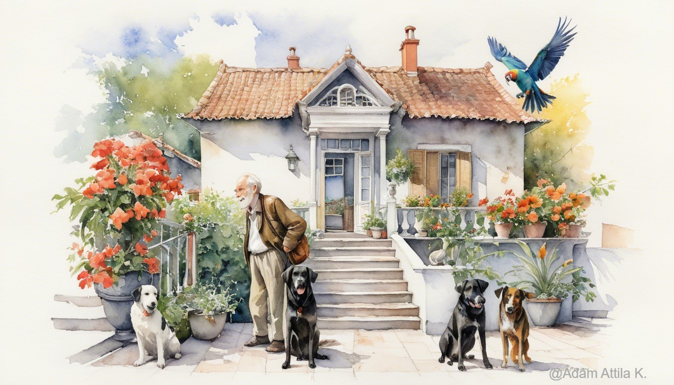 Watercolor Scene of an Elderly Man and Dogs Outdoors
