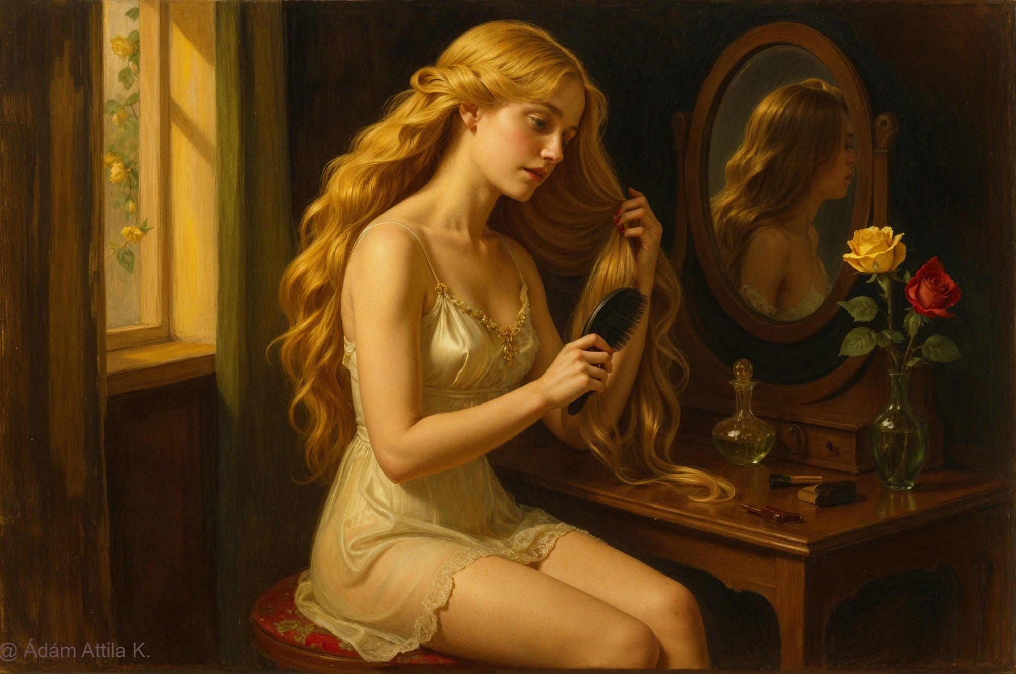 Young Woman at Vintage Vanity with Rose and Mirror