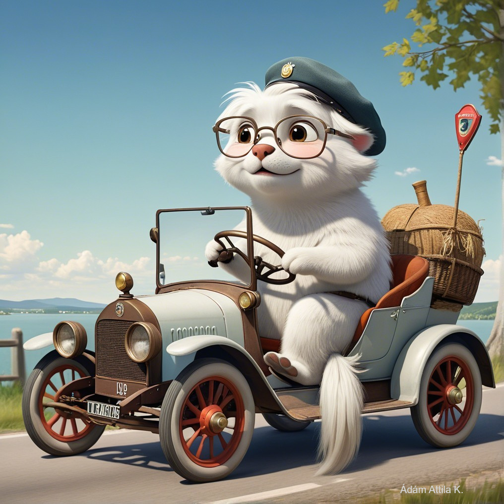 Animated Cat Driving Vintage Car on Scenic Road