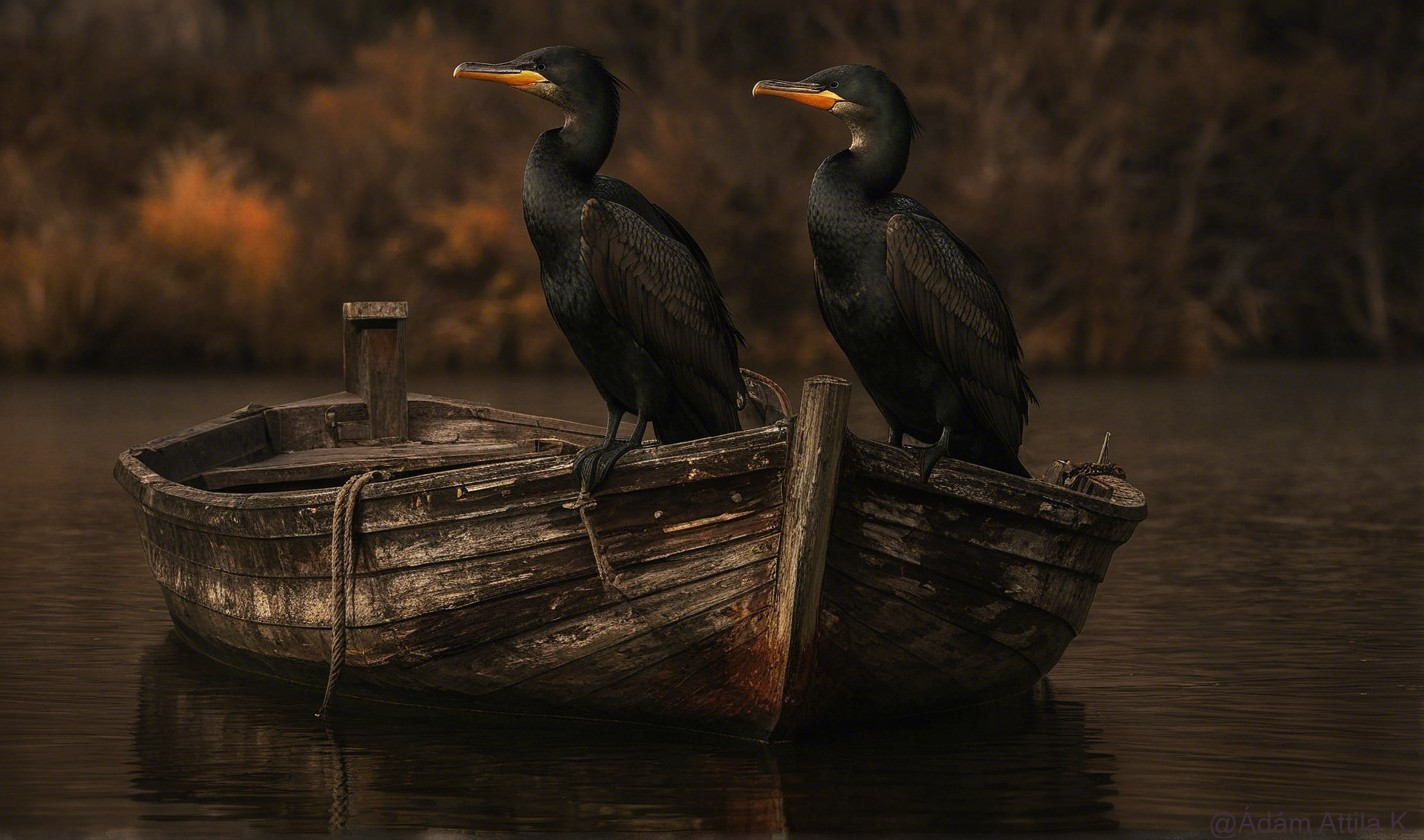 Cormorants on a Rustic Boat in Serene Nature Setting