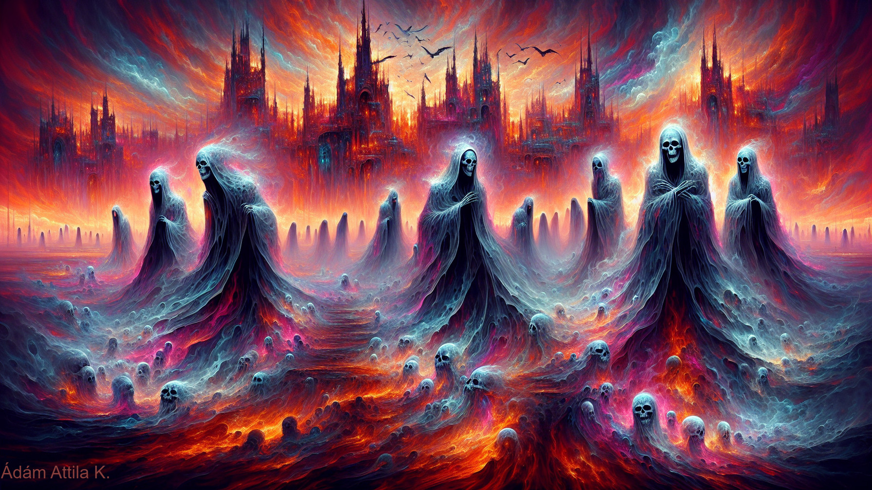 Surreal landscape with spectral figures and a castle