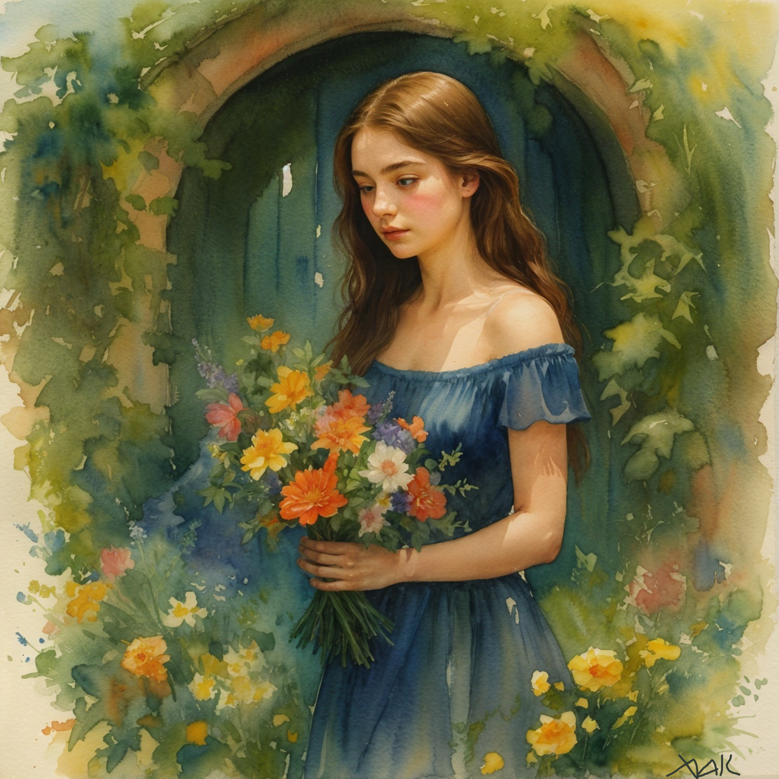 Young woman in blue dress at garden entrance with flowers