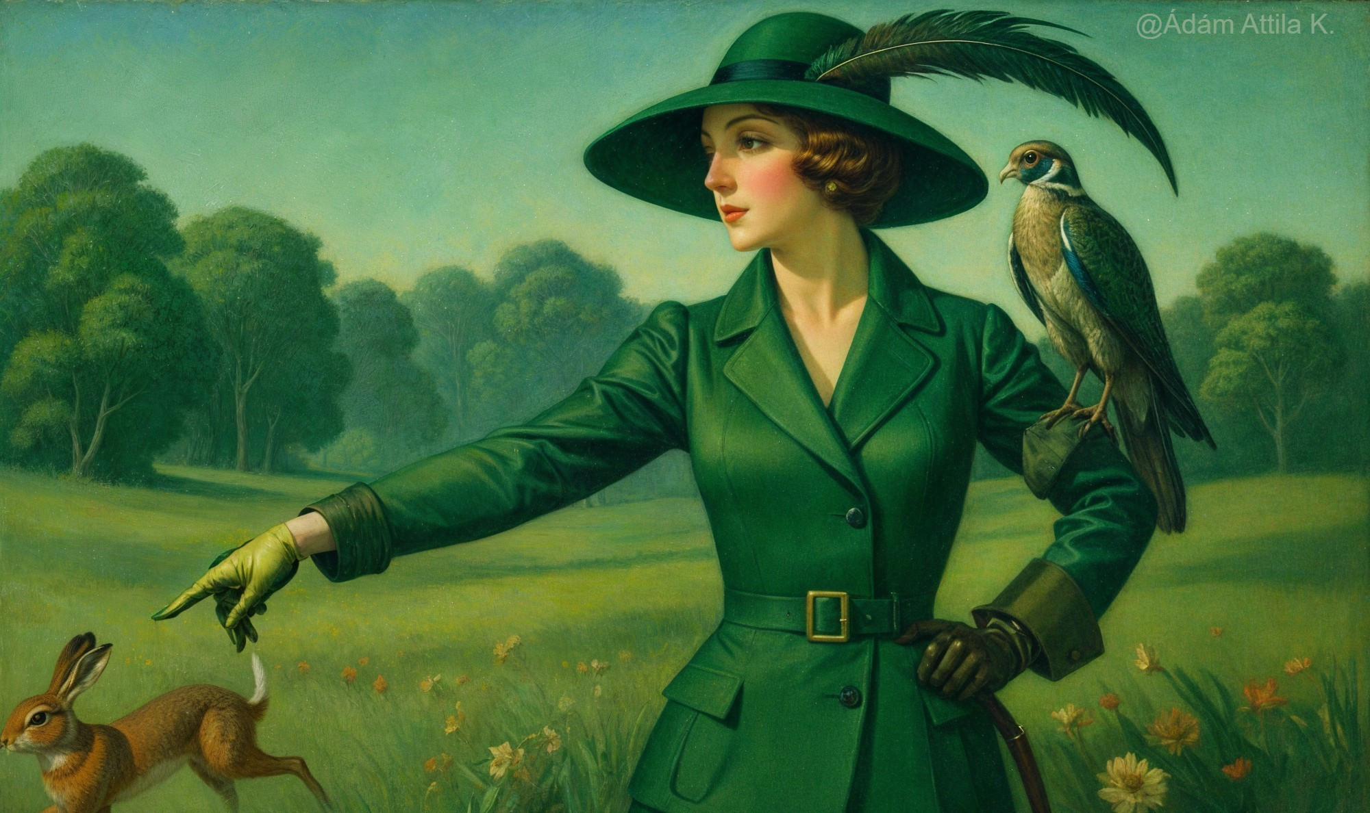 Stylish Woman in Green Outfit with Nature Elements