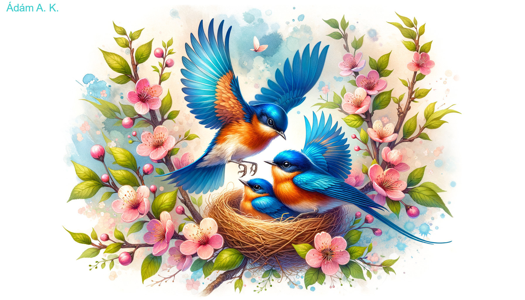 Colorful Birds Near Nest Amid Pink Blossoms and Leaves