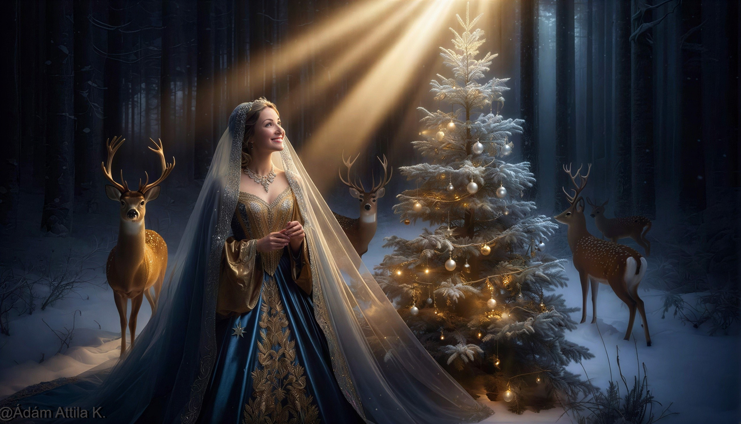 Woman in Gold and Blue Dress in Snowy Forest Scene