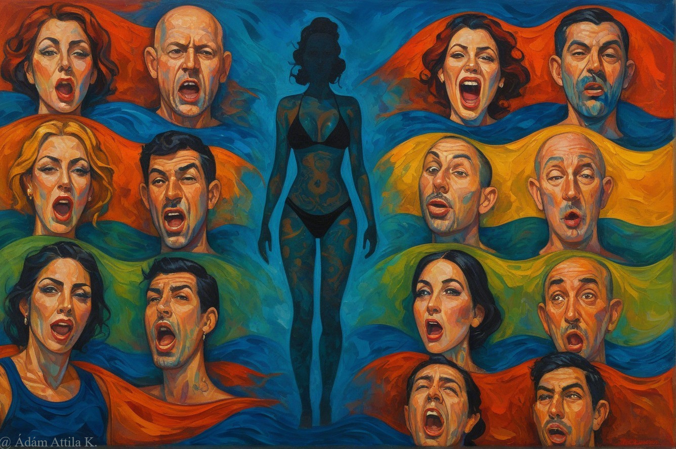 Vibrant Collage of Expressive Faces and Silhouette