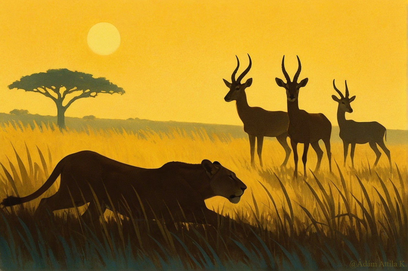 Lioness in Golden Savanna at Sunset with Antelopes