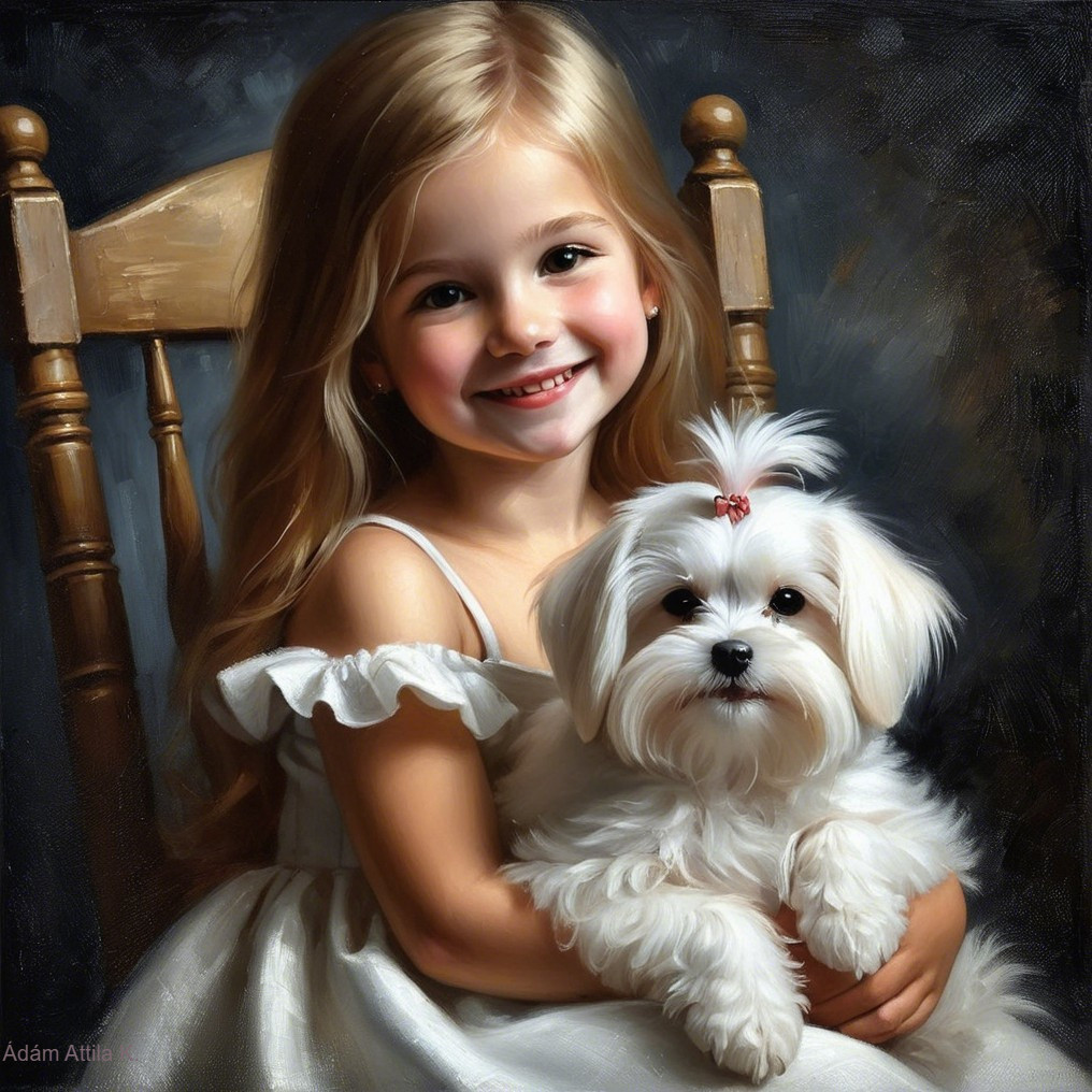 Young girl in white dress with puppy on wooden chair