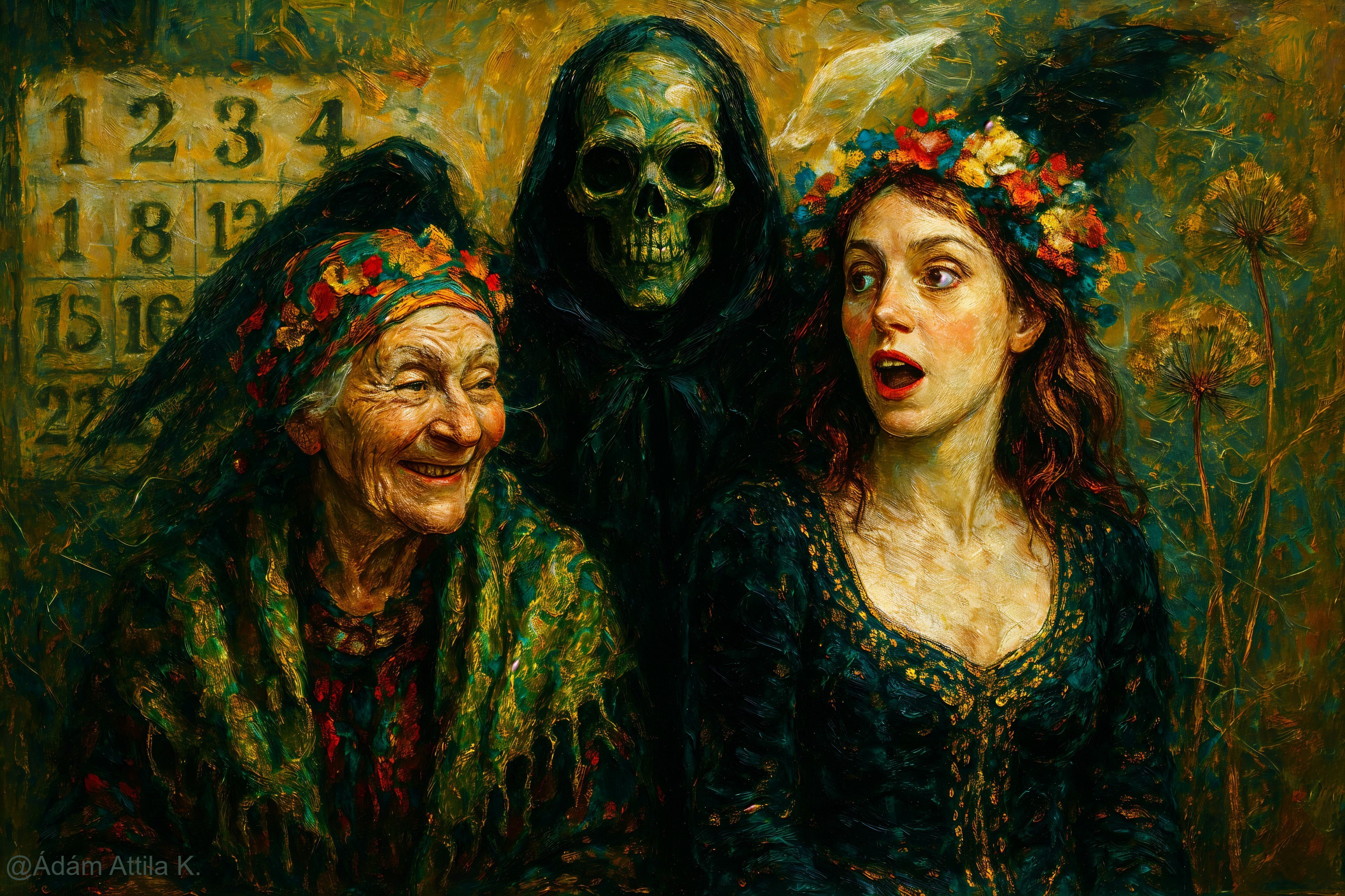 Three Figures in a Vibrant and Ominous Composition