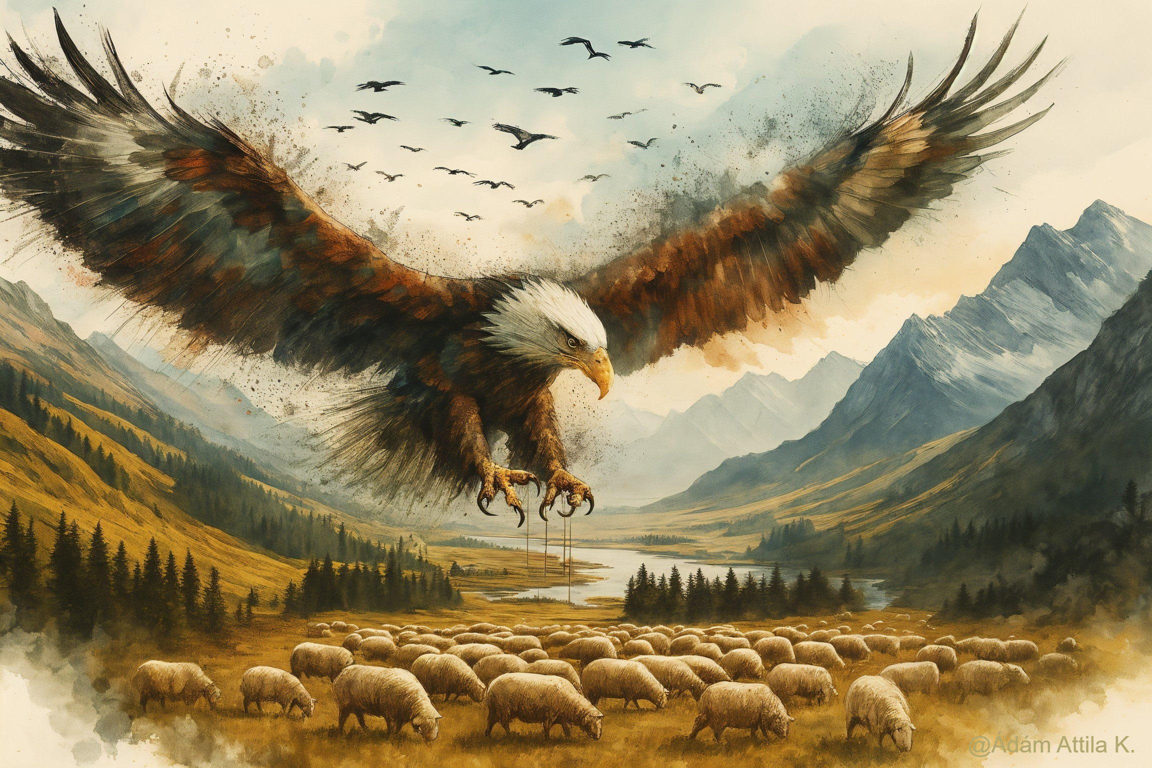 Golden Eagle Over Valley with Grazing Sheep Below
