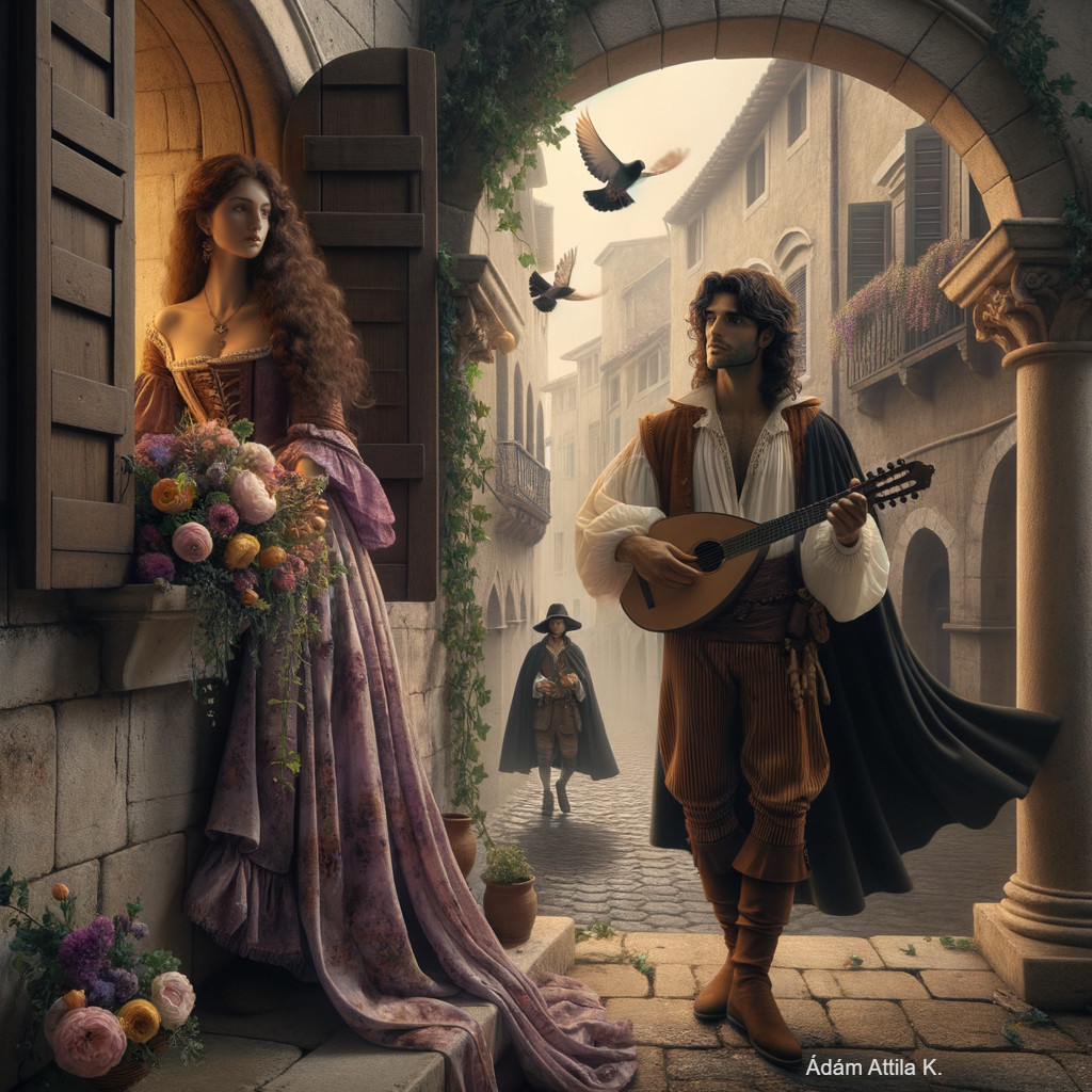 Medieval Scene with Woman, Flowers, and Lute Player