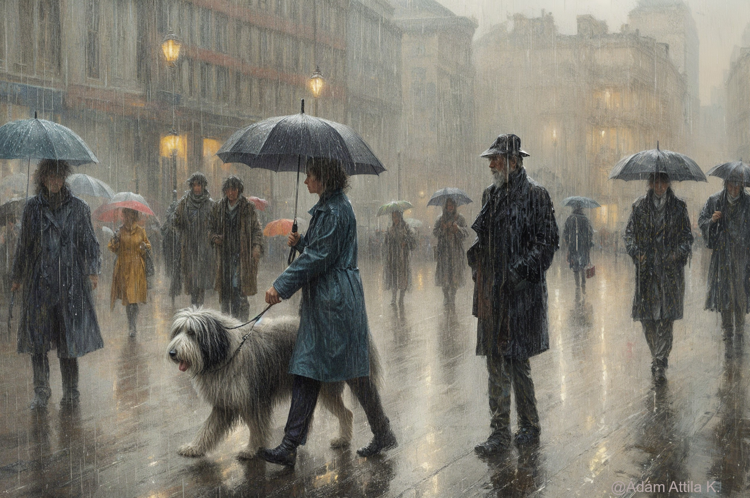 Rainy Urban Scene with Umbrellas and Reflections