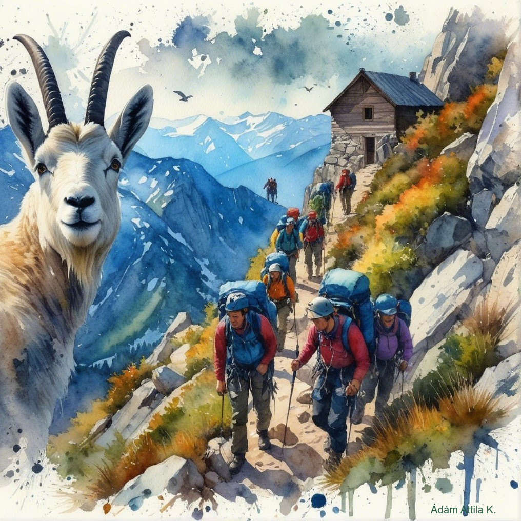 Watercolor Scene of Hikers on Mountain Trail