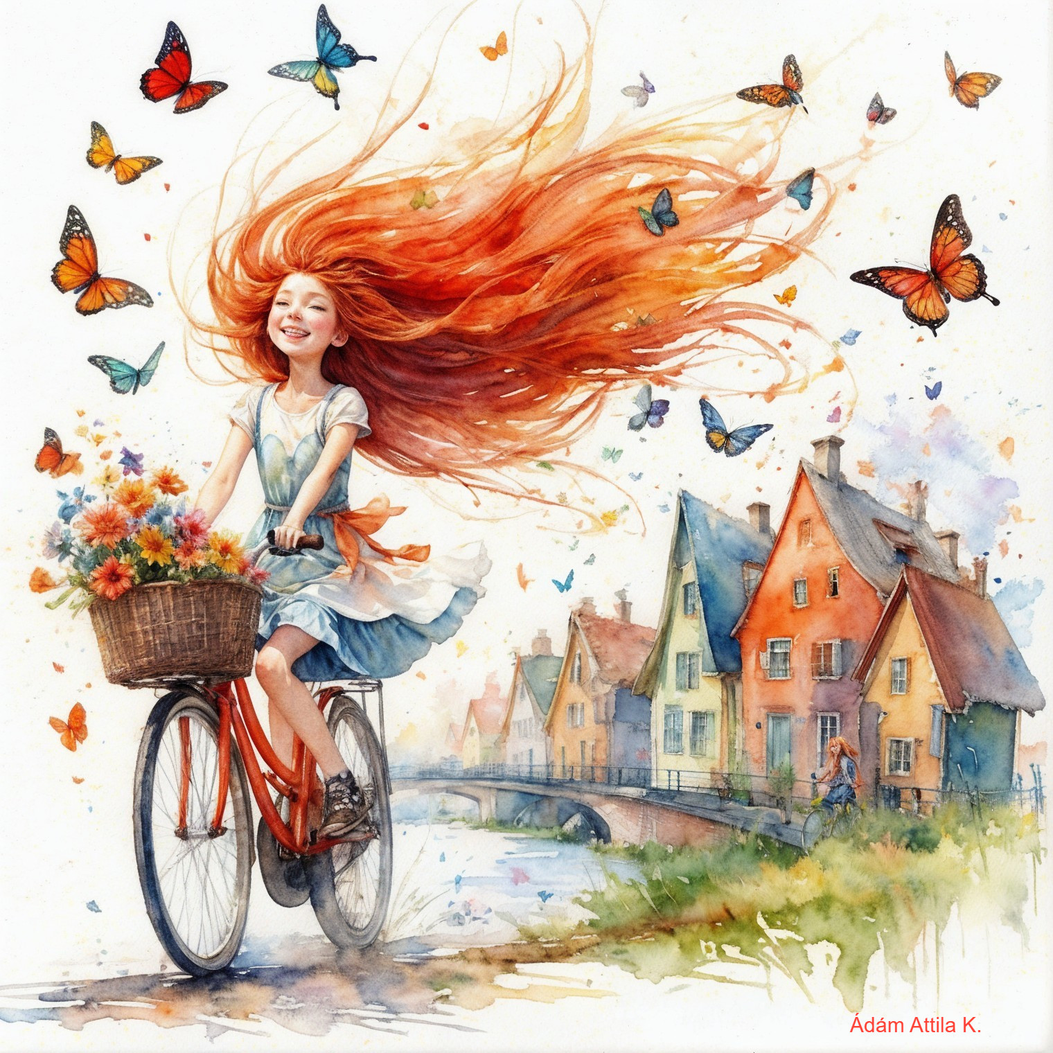 Joyful girl on bicycle with flowers in vibrant village