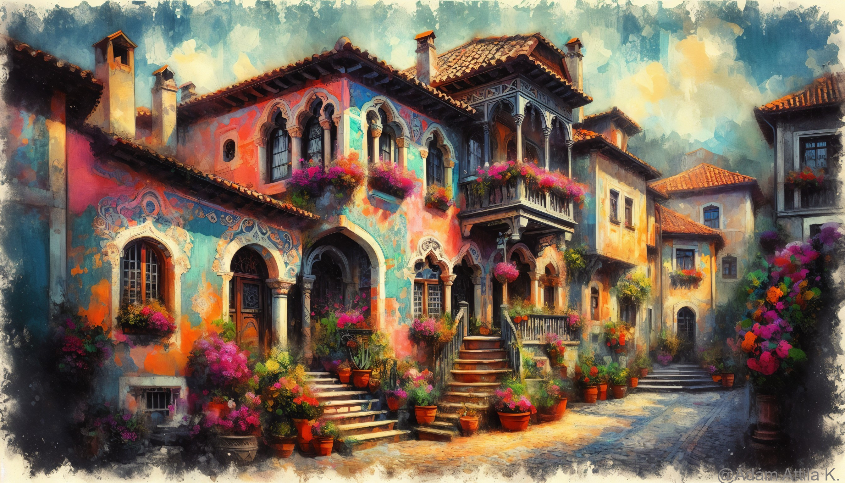Charming Colorful Street Scene with Lush Flowers
