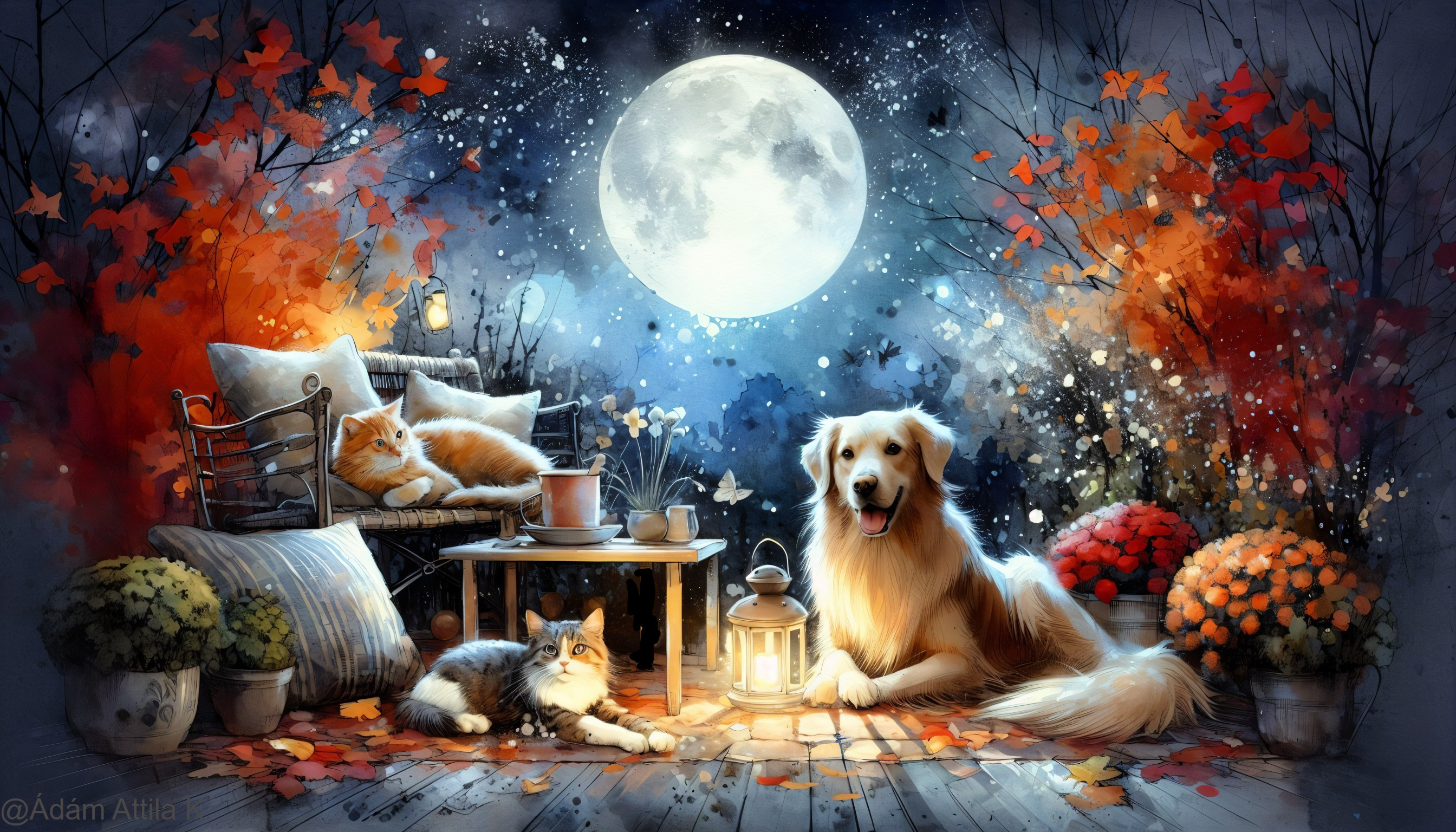 Autumn Scene with Pets and Cozy Outdoor Ambiance