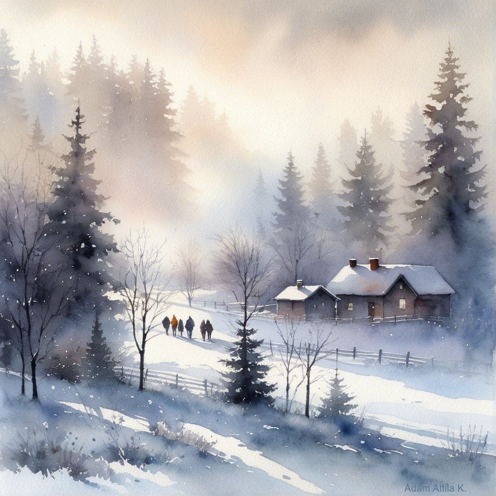 Serene Winter Landscape with Figures and Mist