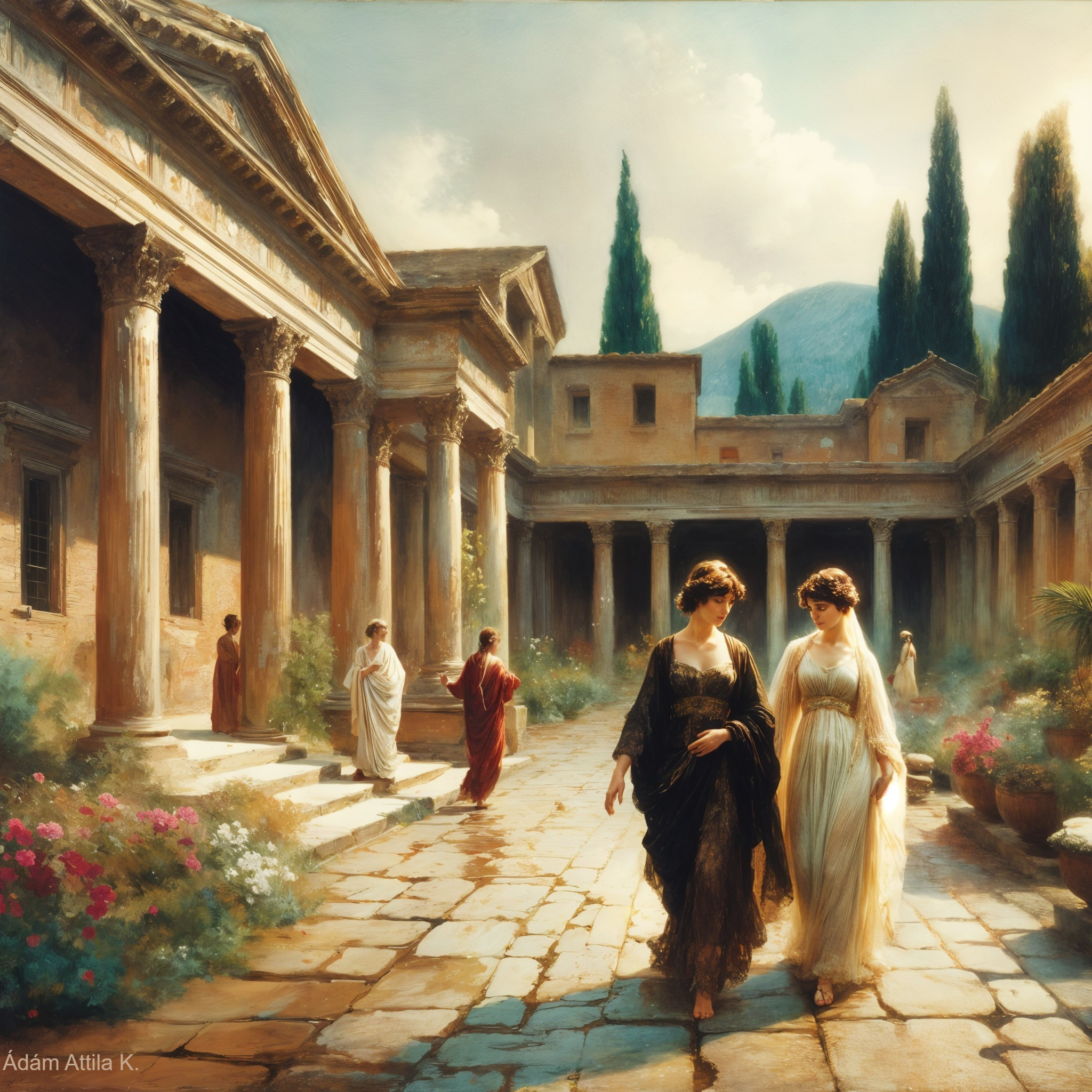 Serene Classical Courtyard with Elegant Women and Nature