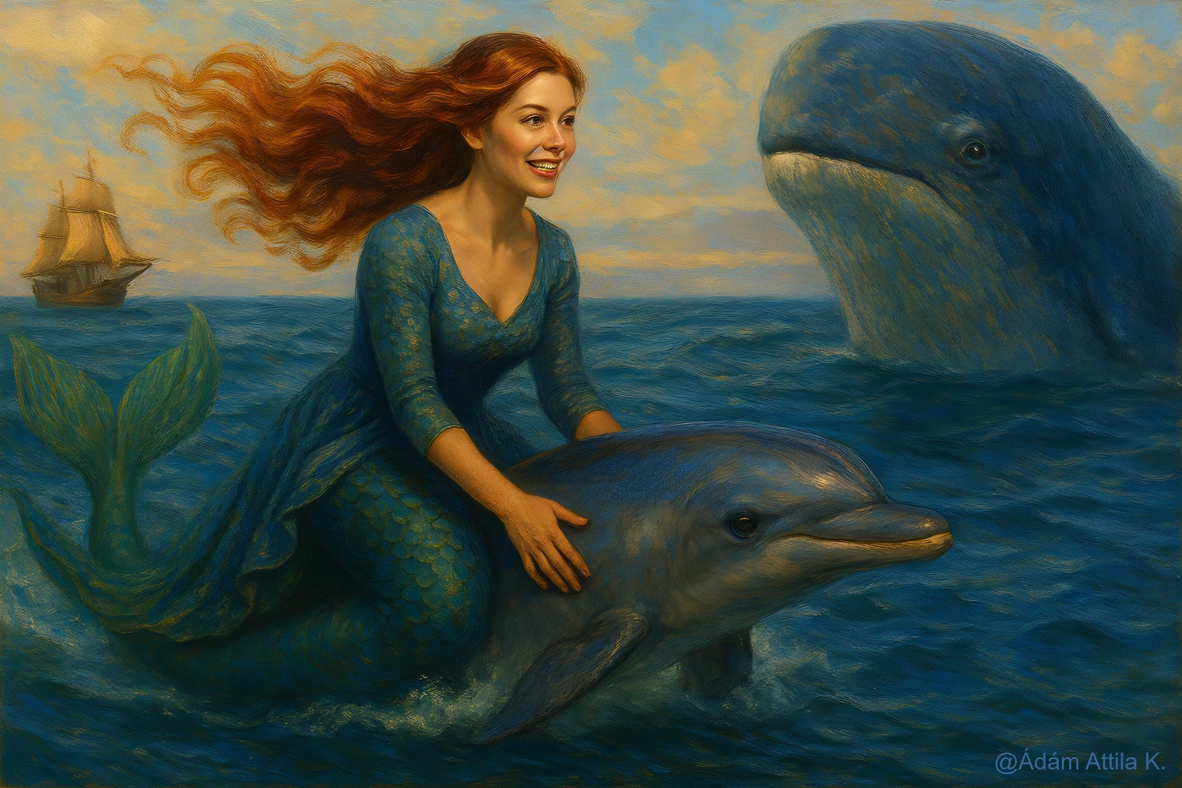Mermaid Riding Dolphin in Vibrant Ocean Scene
