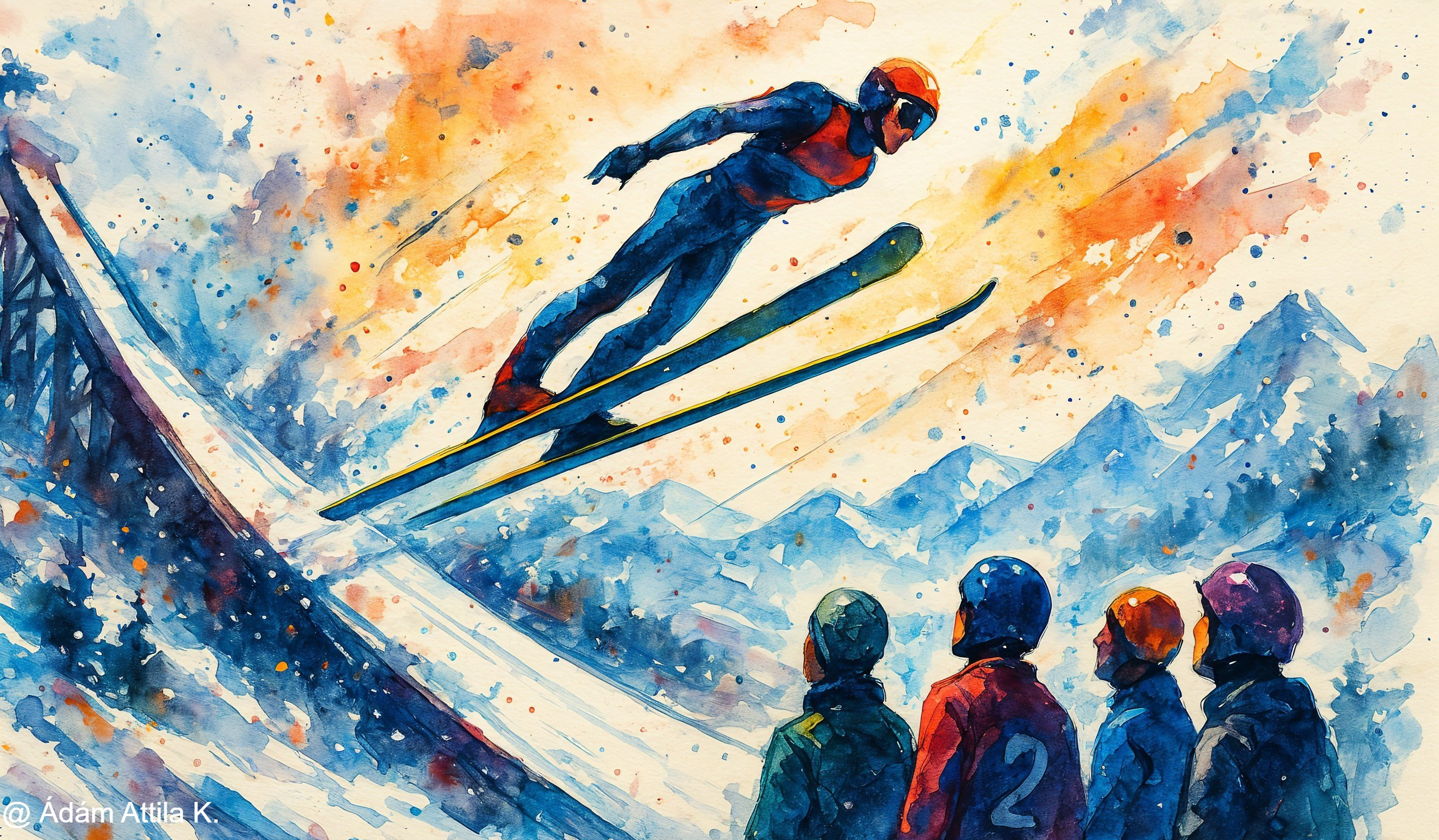 Watercolor Painting of Ski Jumper Against Sunset Sky