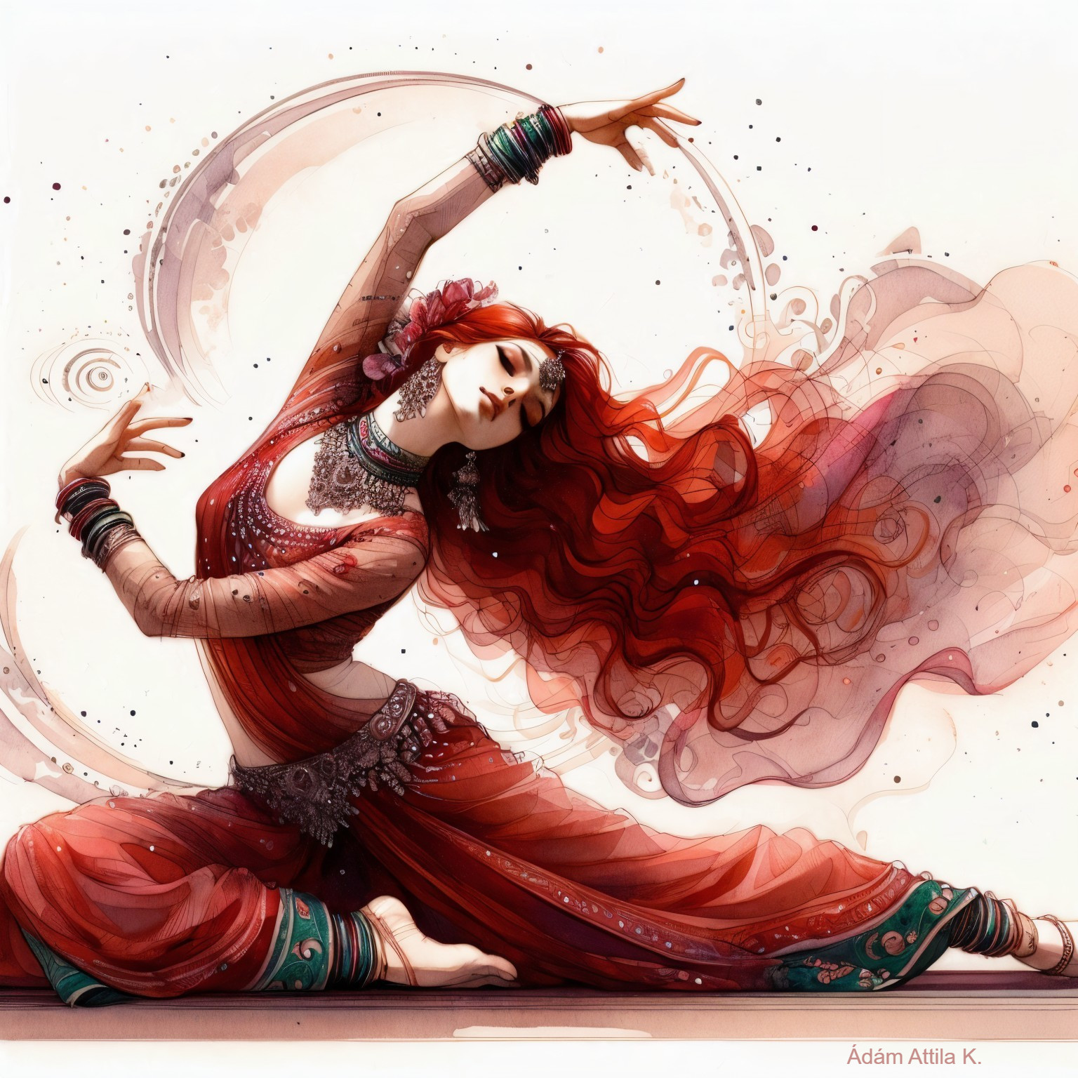 Graceful dancer in vibrant red outfit with jewelry
