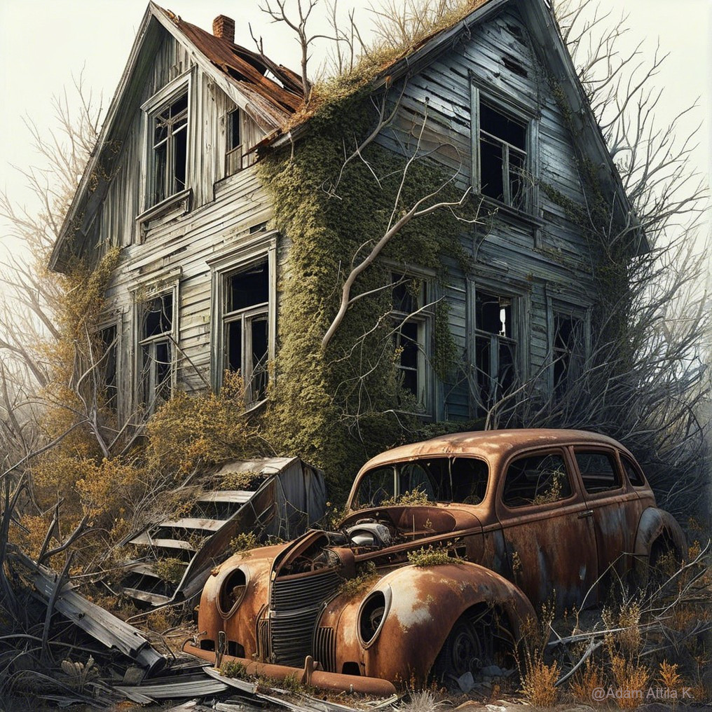 Dilapidated House and Vintage Car in Overgrown Setting