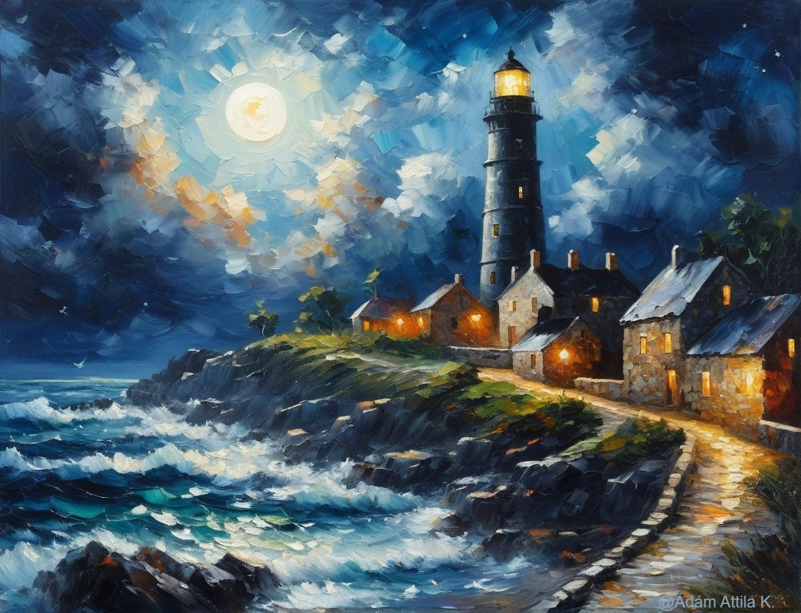 Lighthouse at Night with Moonlit Sky and Waves