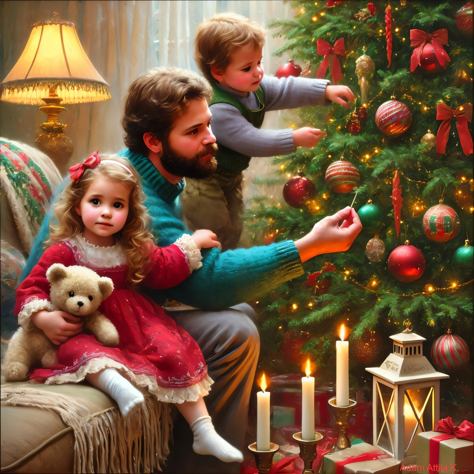 Cozy Christmas Living Room with Tree Decorating Scene