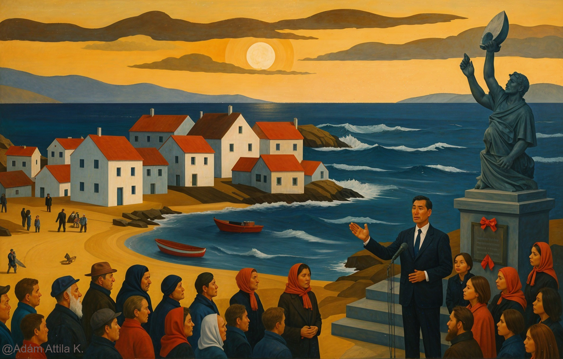 Coastal Sunset Scene with Speaker and Symbolic Statue