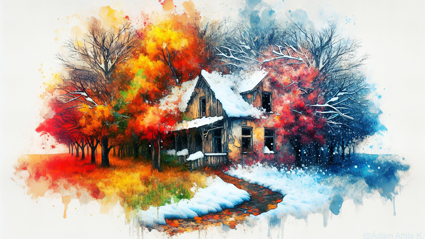 Whimsical Landscape with Rustic House and Autumn Trees