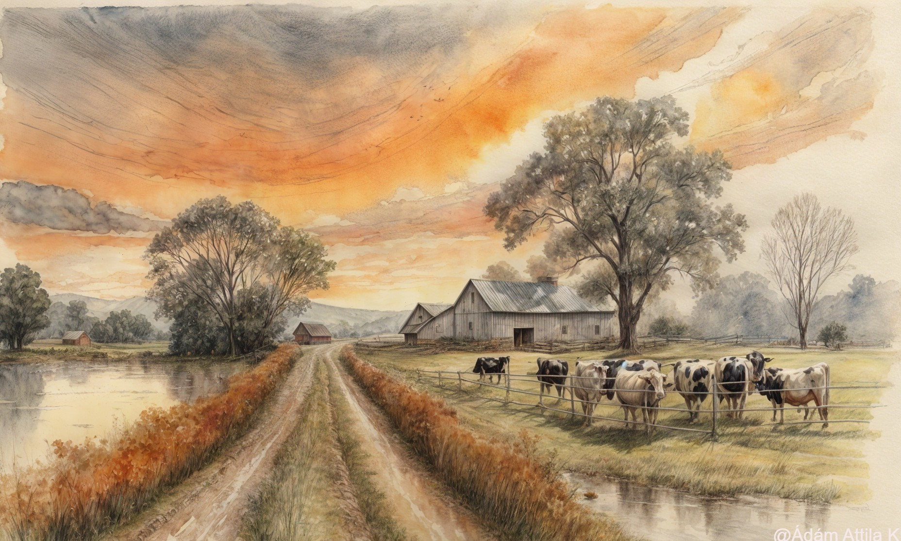 Tranquil Countryside Landscape with Sunset and Barns