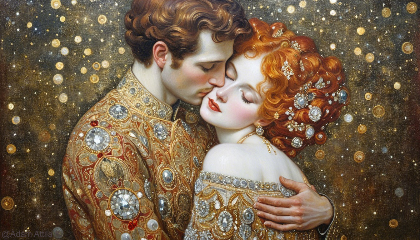 Couple in Opulent Garments Embracing with Love
