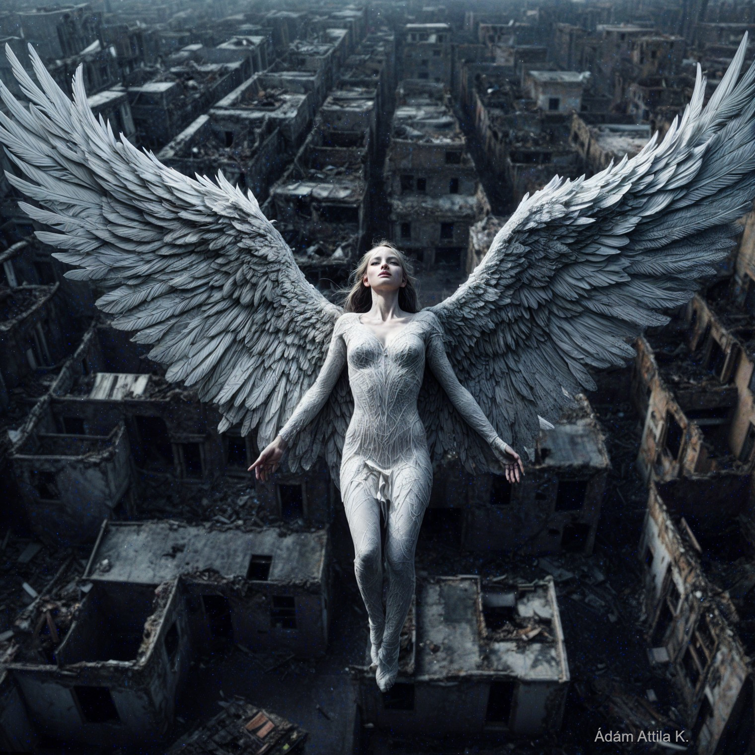 Woman with White Wings Above Ruined Cityscape