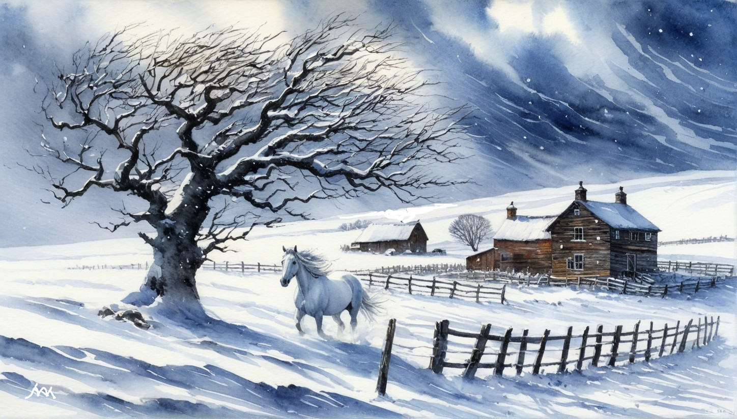 Serene Winter Landscape with Horse and Farmhouse