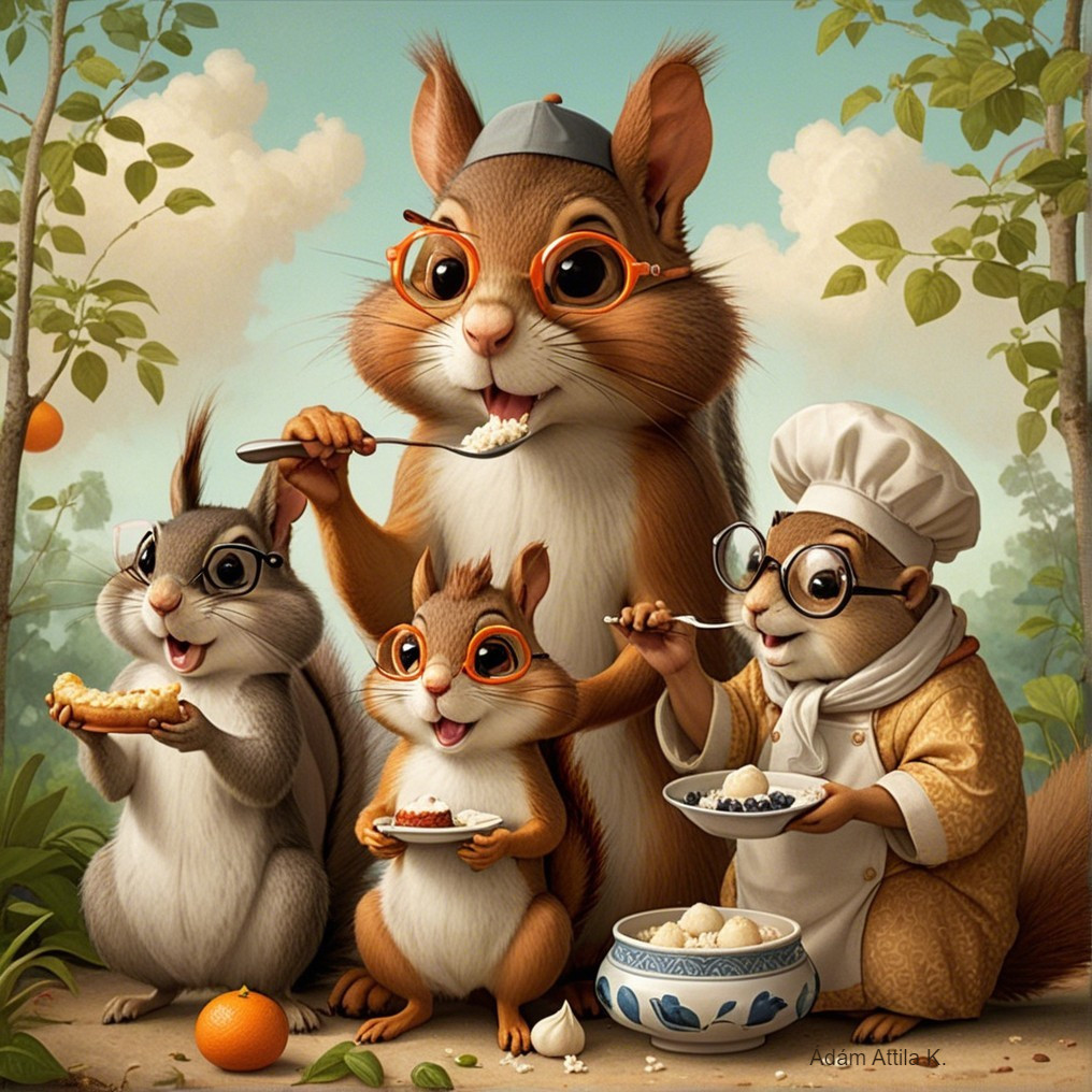 Cartoon Squirrels Dining in a Sunny Lush Setting
