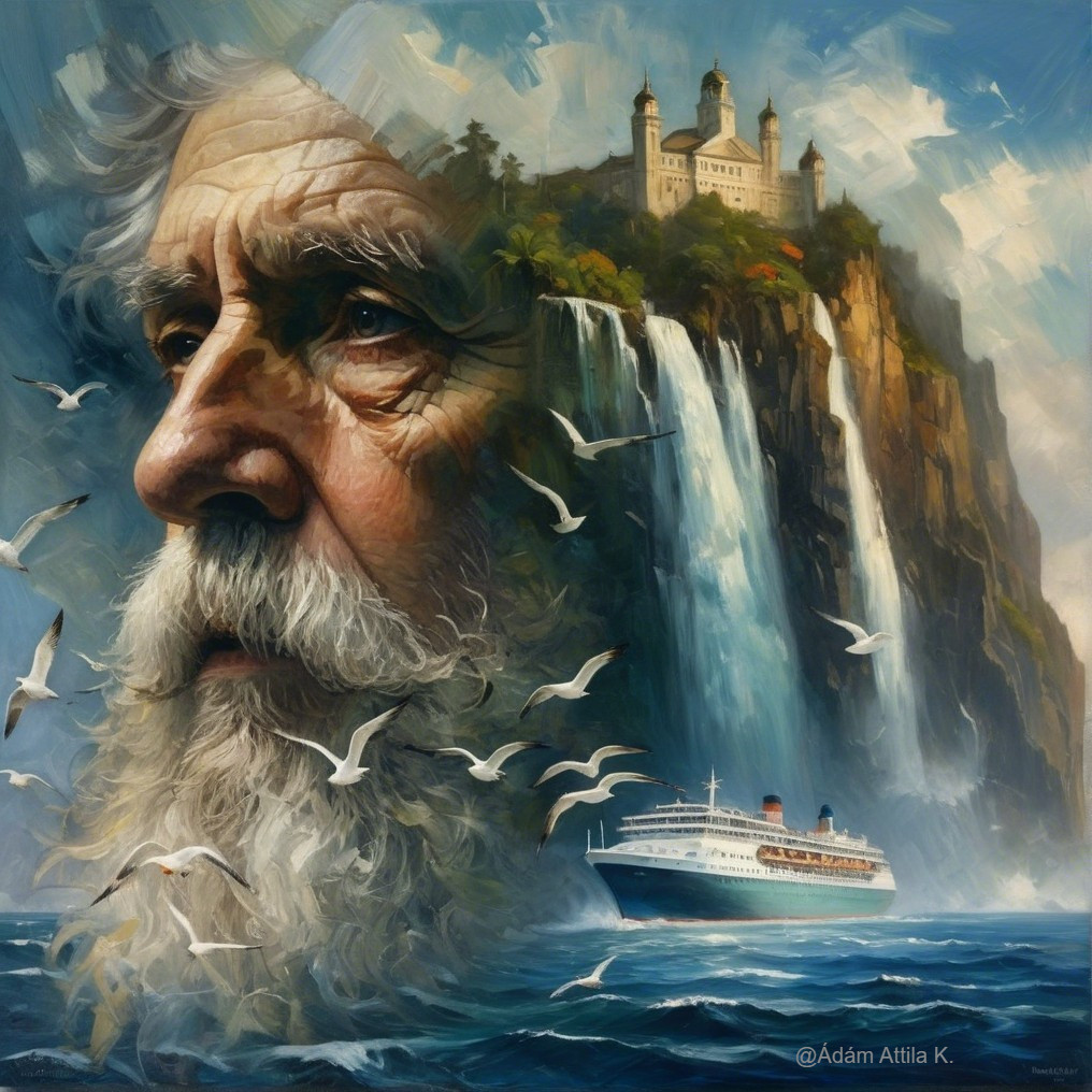Elderly Man Portrait with Castle and Waterfall Scene
