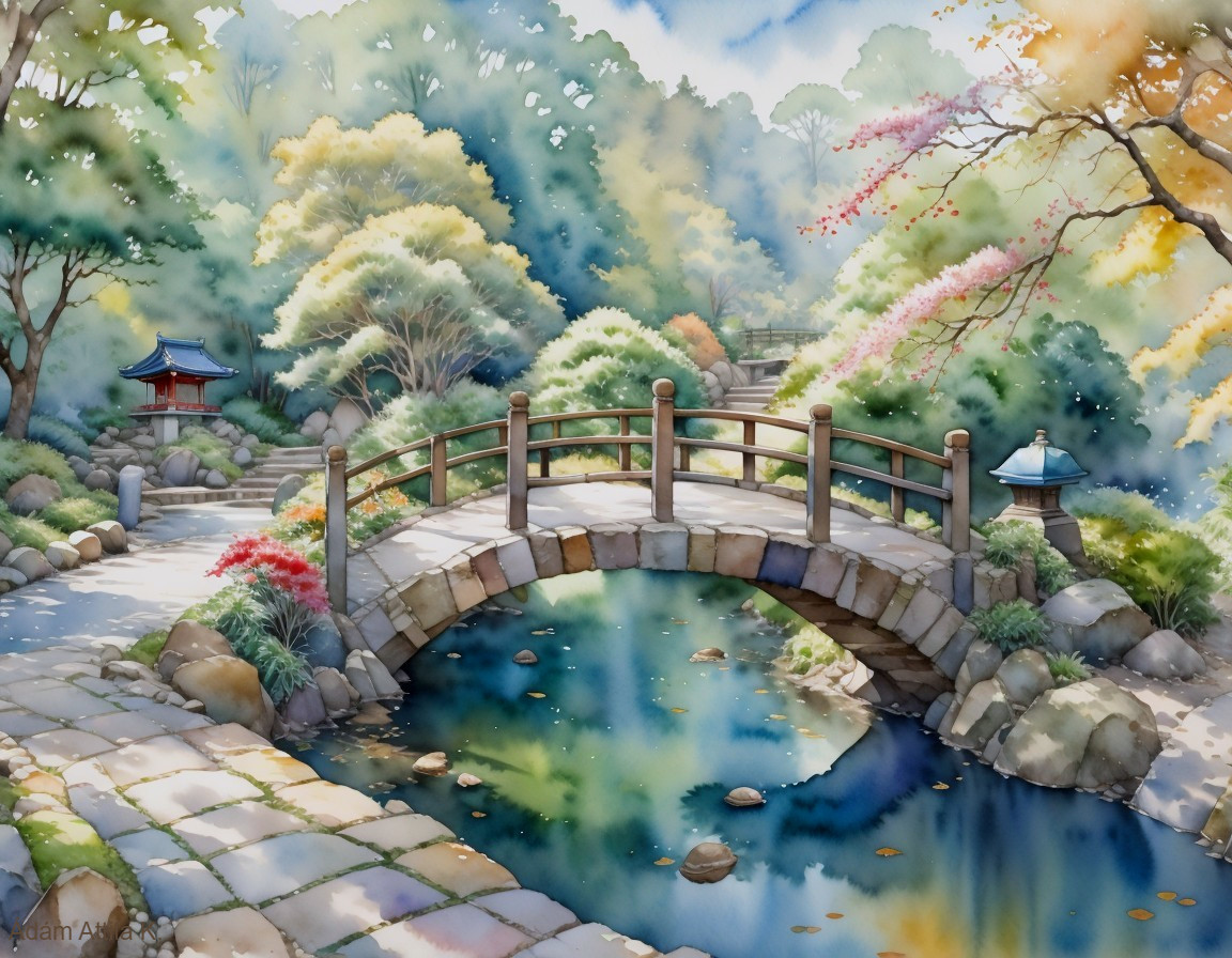 Serene Landscape with Stone Bridge and Gazebo