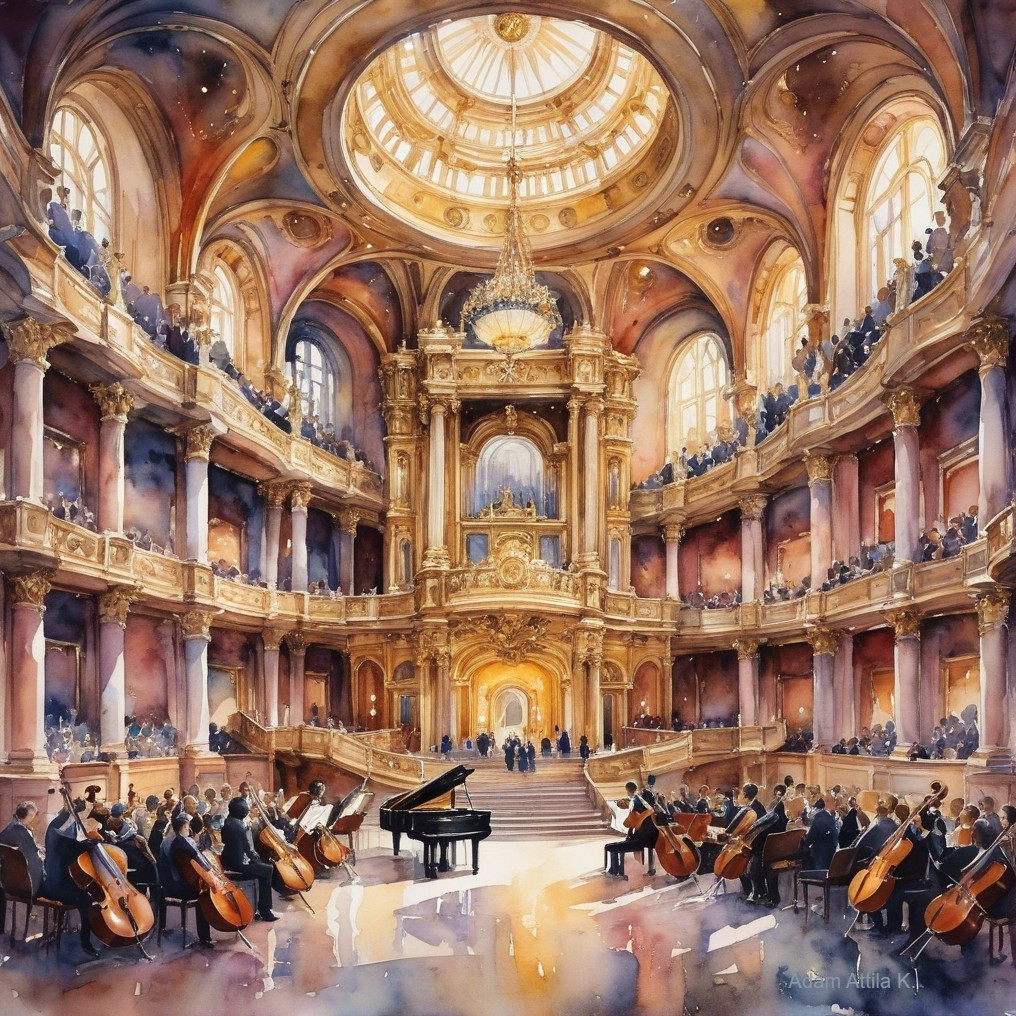 Opulent Concert Hall with Musicians and Grand Piano