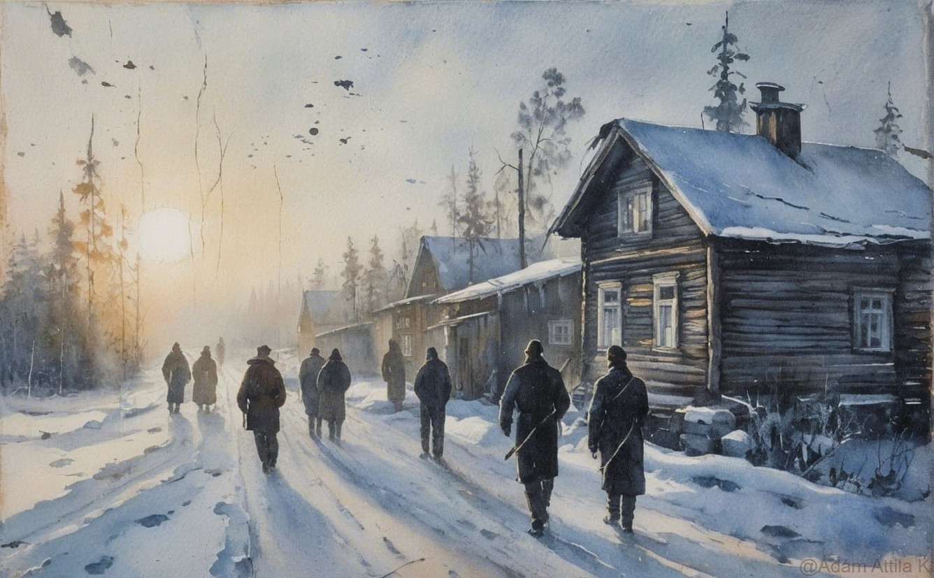 Winter Landscape with Rustic Houses and Snowy Path