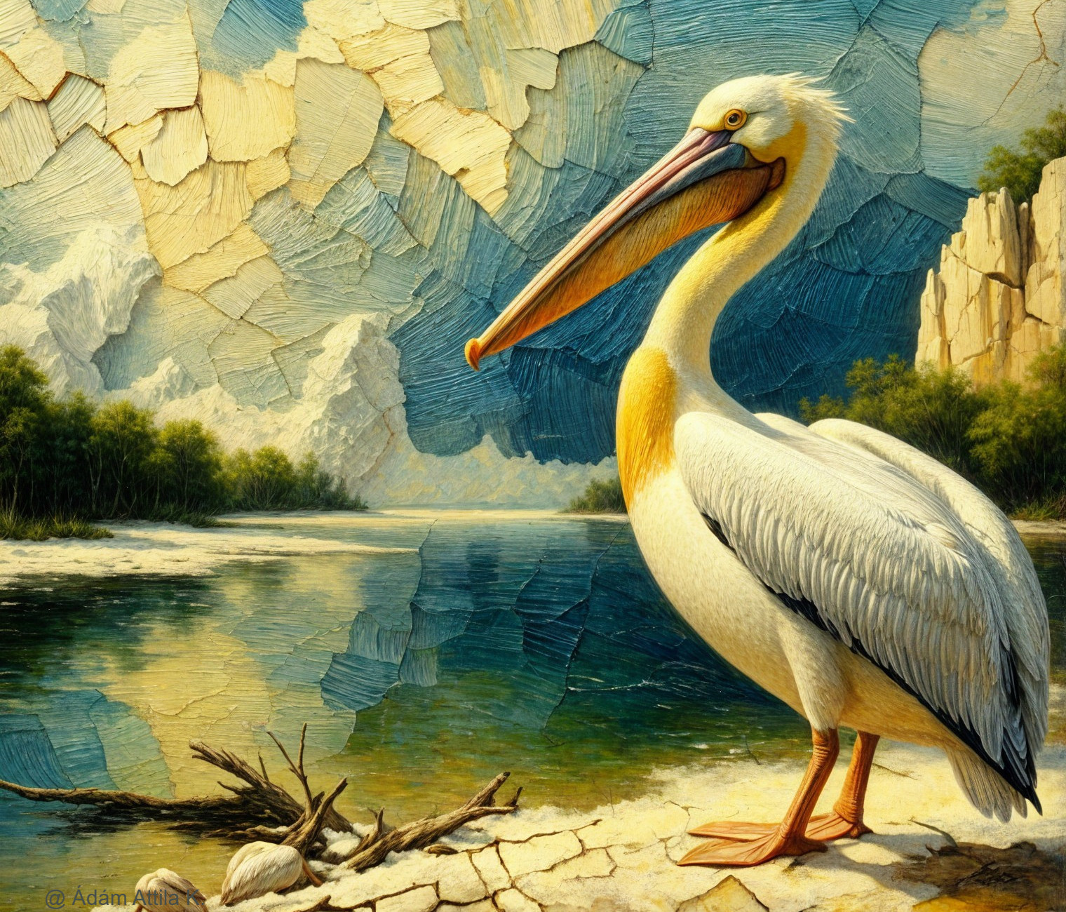 Pelican by a Lake with Textured Brushstrokes