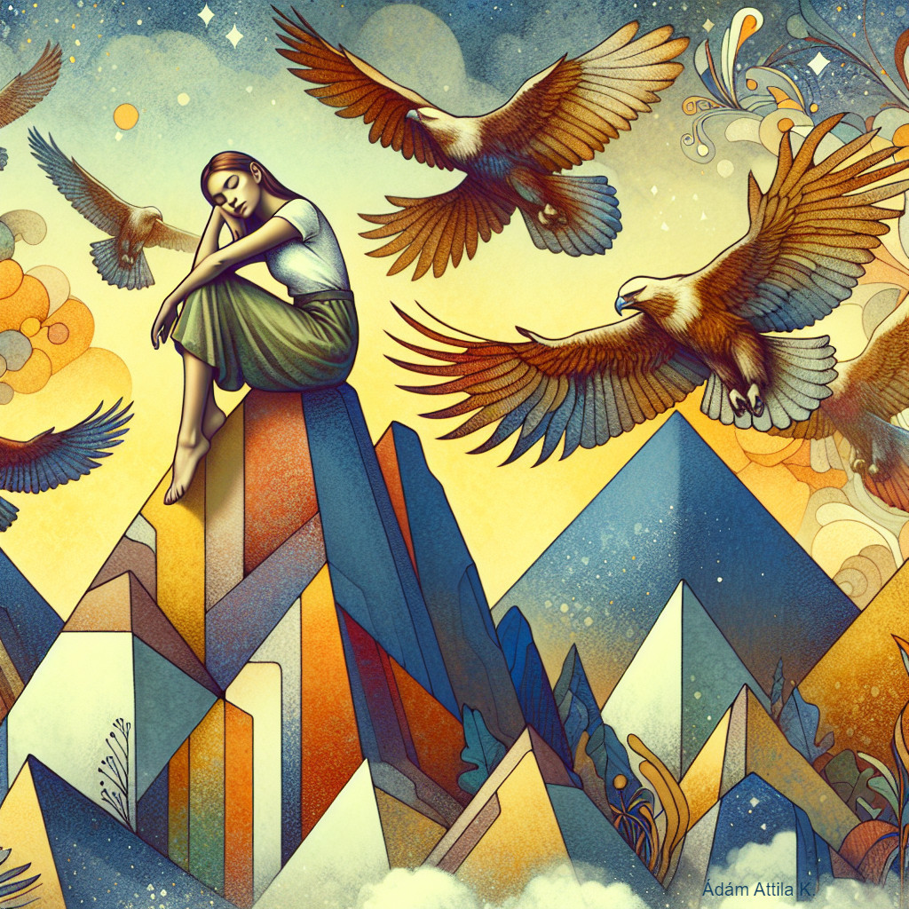 Contemplative Figure on Colorful Geometric Mountains