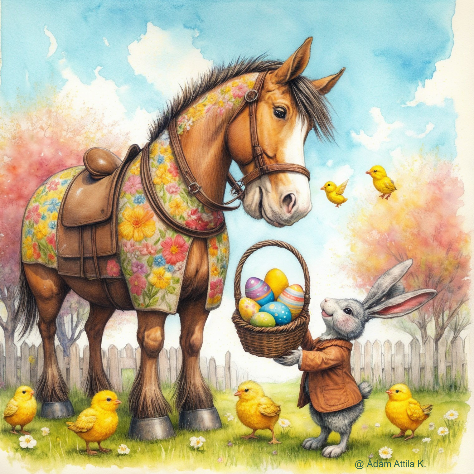 Cheerful Rabbit with Easter Eggs and Friendly Horse