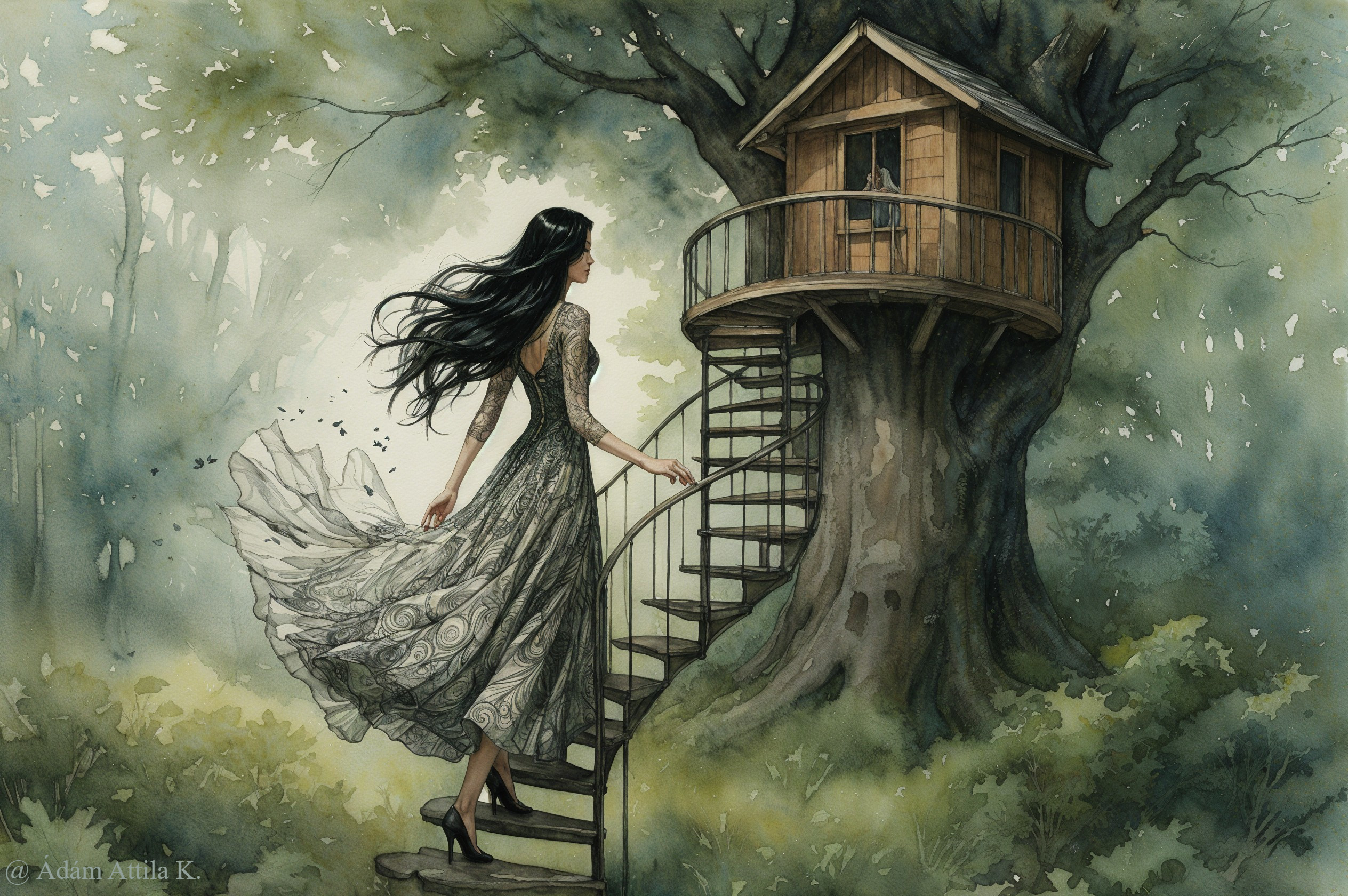 Flowy Dress and Treehouse in Misty Forest Setting